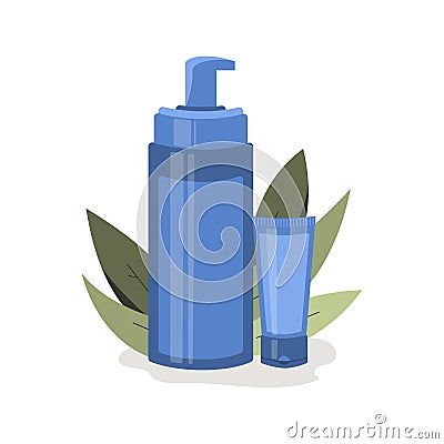 Bottle and tube cosmetics on plant background. Vector Illustration