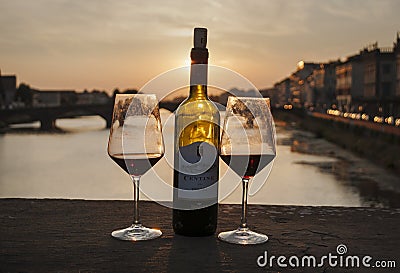 Bottle of Tuscany wine on the sunset in Florence Editorial Stock Photo