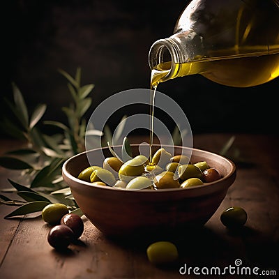Bottle of Virgin Extra Olive Oil in Action Stock Photo