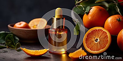 Bottle of vitamin C serum with fresh citrus fruits around it Stock Photo