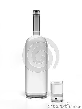 Bottle of vodka and empty shot glass Stock Photo