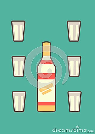 Classic Russian vodka bottle decorated with faceted glasses on a blue-blue background vector graphics in flat style Stock Photo