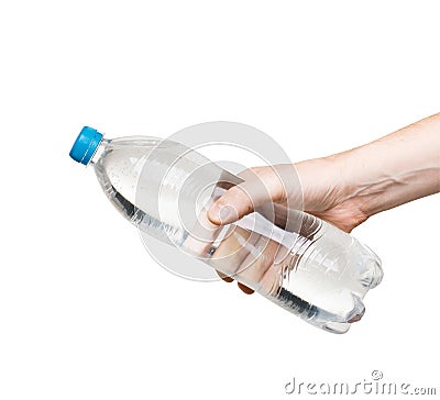Bottle of water in hand isolated on white background Stock Photo