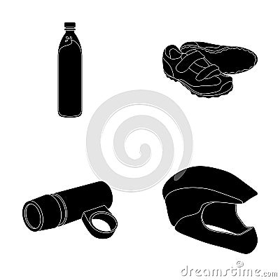A bottle of water, sneakers, a flashlight for a bicycle, a protective helmet.Cyclist outfit set collection icons in Vector Illustration