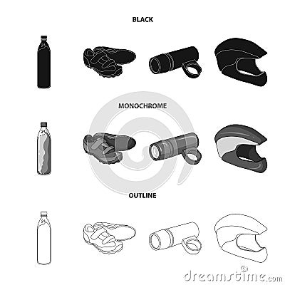 A bottle of water, sneakers, a flashlight for a bicycle, a protective helmet.Cyclist outfit set collection icons in Vector Illustration