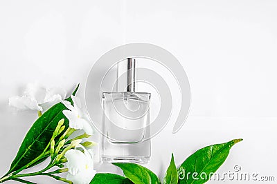 A bottle of white perfume and flowers with leaves. Stock Photo