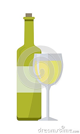 Bottle of White Wine and Glass Vector Illustration