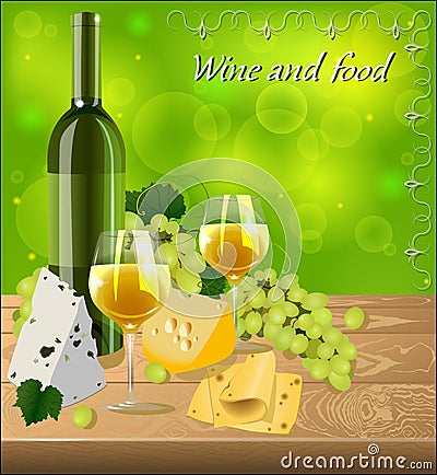 Bottle of white wine with glasses, a bunch of grapes Vector Illustration