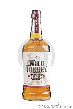 Bottle of Wild Turkey Kentucky Straight Bourdon whiskey isolated white background Editorial Stock Photo