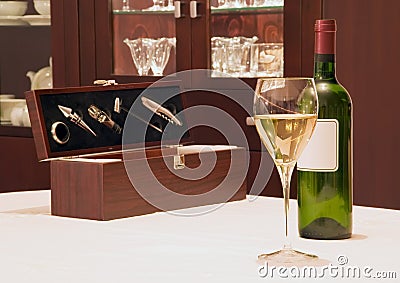 Bottle of wine and accessories Stock Photo
