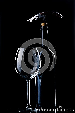 Bottle of wine on a black background. Stock Photo