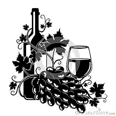 A bottle of wine and a bunch of grapes. Vector Illustration
