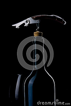 Bottle of wine on a black background. Stock Photo