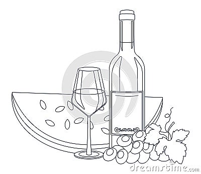 Bottle of wine, wine in glass, watermelon and grape. Lineart, outline only. Vector Illustration