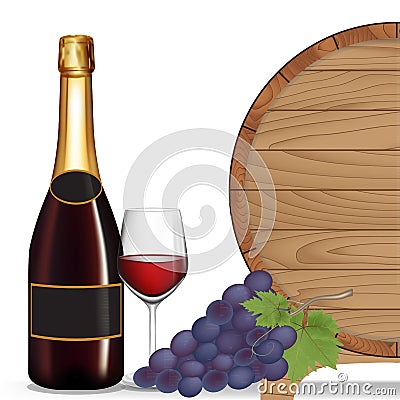 Bottle wine,Grape,Glass wine and wooden barrel ,Vector illustration Cartoon Illustration