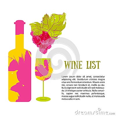 Bottle wine and grapes banner. Vector with color splashes. Vector Illustration