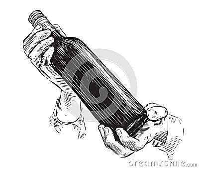 Bottle of wine in hand. Alcoholic drink sketch vintage vector illustration Vector Illustration