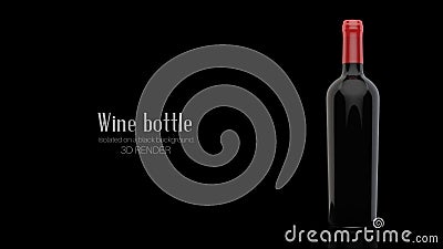 A bottle of wine made of dark glass on a black background. Alcohol close-up. Soft glares, 3d render.Template for design, Stock Photo