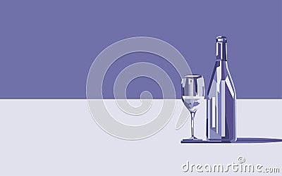 A bottle of wine and next to it a glass of wine in an abstract mosaic style in a trendy very peri color. Monochrome Vector Illustration