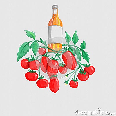 Bottle of Wine on Top of Plum Tomato or Roma Tomato Vine Watercolor Painting Cartoon Illustration
