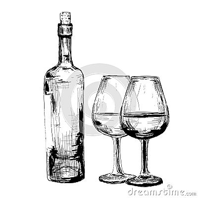 Bottle of wine and two glasses Vector Illustration