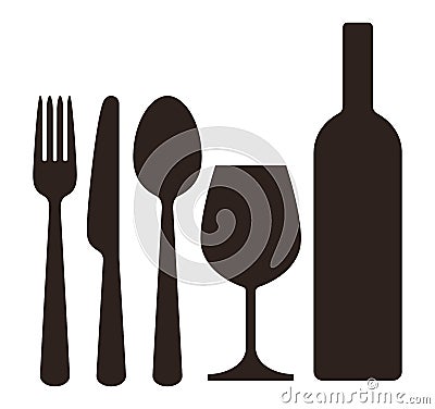 Bottle, wineglass, knife, fork and spoon Vector Illustration