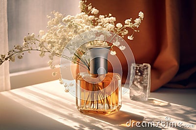 bottle woman smell perfume cosmetic scent aroma flower fragrance glass fashion. Generative AI. Stock Photo