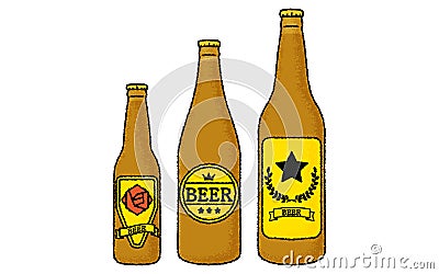 Bottled beer (large, medium and small bottles) with hand-drawn, analog touch Stock Photo