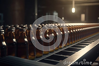 Bottled beer production, finished beer on the production line, production. generative ai Stock Photo