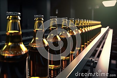 Bottled beer production, finished beer on the production line, production. generative ai Stock Photo