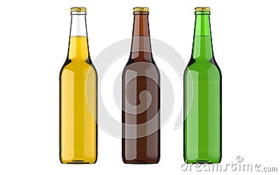 Bottled beer yellow, green and browncolors or beverage or carbonated drinks. Studio 3D render, isolated on white Stock Photo