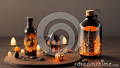 Bottled Halloween: Spooky Miniature World in Glass Stock Photo