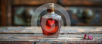 Bottled Heart Essence on Wood - Symbol of Health & Affection. Concept Heart Essence, Health Symbol, Stock Photo