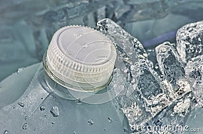 Cold bottle of water in cooler with ice cubes Stock Photo