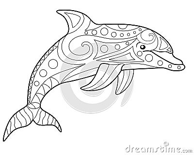 Bottlenose dolphin - antistress coloring book - vector linear picture for coloring. Sea animal - bottlenose dolphin - antistress Vector Illustration