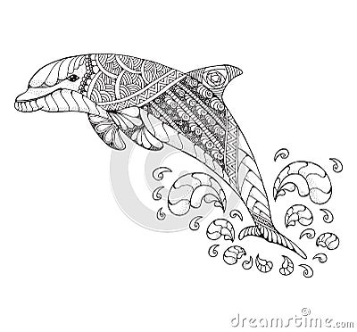 Bottlenose dolphin jumping high with splash. Zentangle and stippled stylized vector illustration. Black and white illustration on Vector Illustration