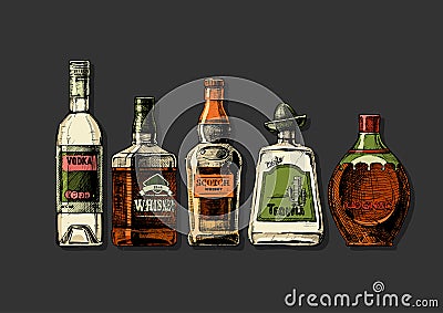 Bottles of alcohol. Distilled beverage Vector Illustration