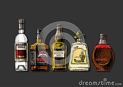 Bottles of alcohol. Distilled beverage Vector Illustration