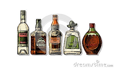 Bottles of alcohol. Distilled beverage Vector Illustration