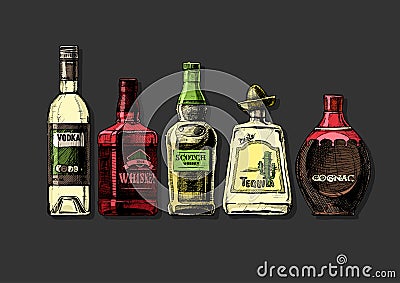 Bottles of alcohol. Distilled beverage Vector Illustration