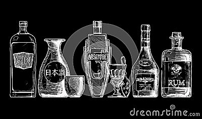 Bottles of alcohol. Distilled beverage Vector Illustration