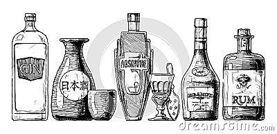 Bottles of alcohol. Distilled beverage. Vector Illustration