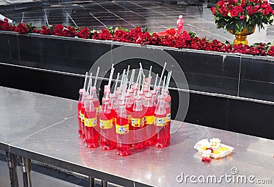 Bottles of carbonated drink strawberry Fanta Editorial Stock Photo