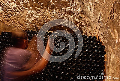 Bottles at cellar in a wineyard in the island of mallorca Editorial Stock Photo