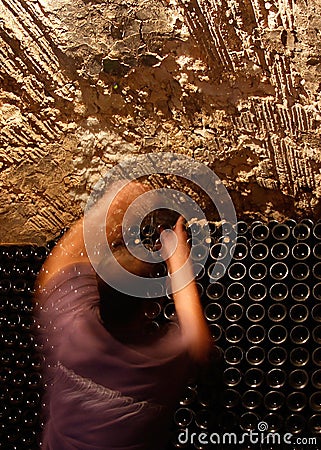 Bottles at cellar in a wineyard in the island of mallorca vertical Editorial Stock Photo