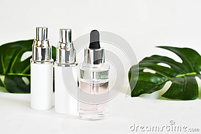 Bottles cosmetic product on a white background with tropical monstera leafs. SPA natural beauty products. Natural beauty product c Stock Photo