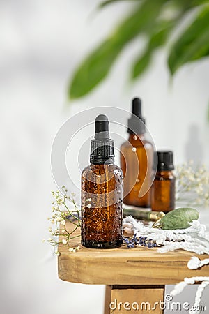 Bottles of dark amber glass with essential oil, massage jade roller and tropical leaves Stock Photo