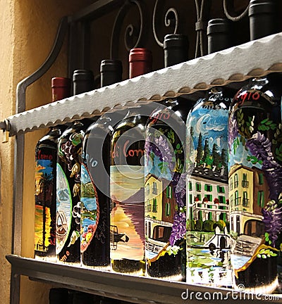 Bottles decorated with beautiful landscapes of bellagio Editorial Stock Photo