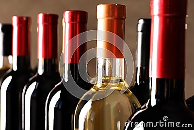 Bottles with delicious wine, closeup Stock Photo