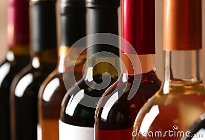 Bottles of different wines. Expensive collection Stock Photo